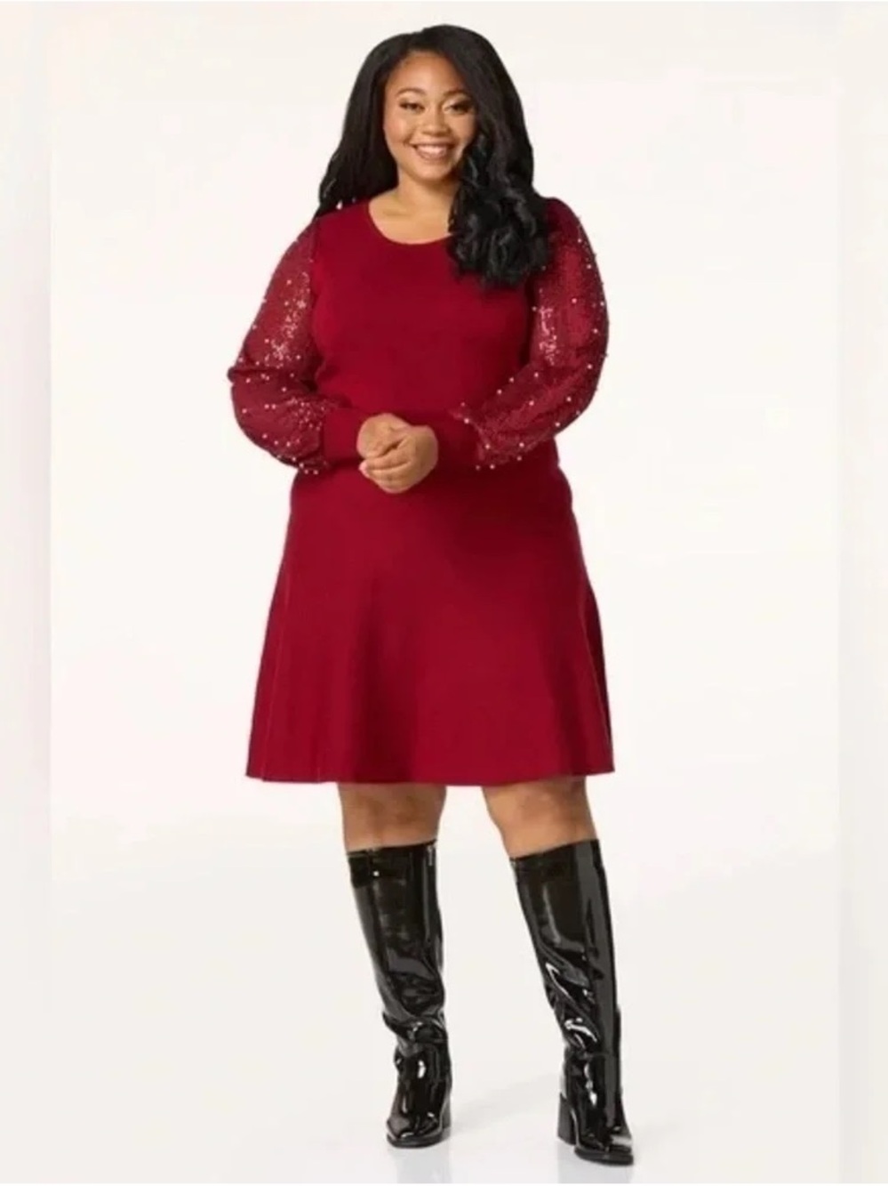 CATO | PLUS SIZE SEQUIN PEARL SLEEVE SWEATER DRESS